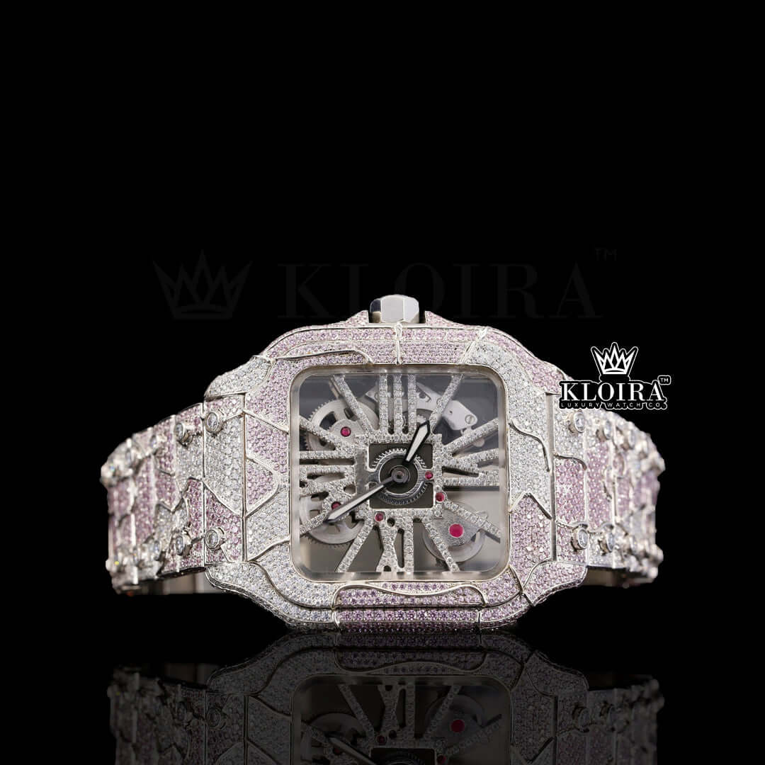 Two Tone Pink Skeleton Dial Fully Iced Moissanite Diamond Watch Front View