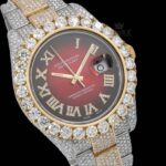 Two Tone Red Dial Roman Numerals Fully Iced Out Moissanite Diamond Watch Close Up Dial View
