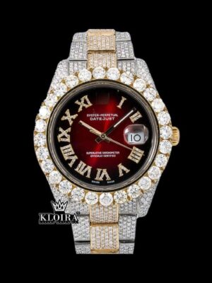 Two Tone Red Dial Roman Numerals Fully Iced Out Moissanite Diamond Watch