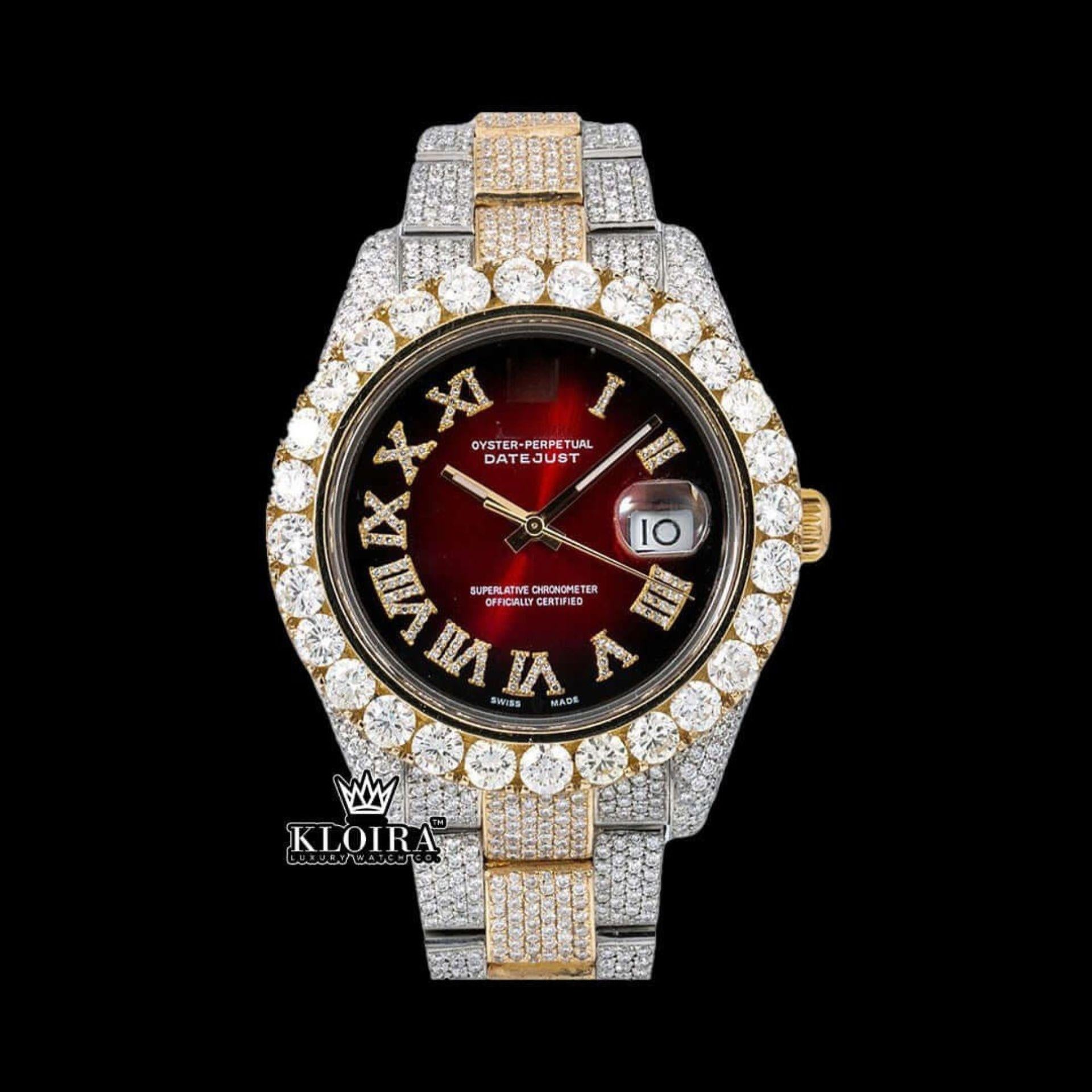 Two Tone Red Dial Roman Numerals Fully Iced Out Moissanite Diamond Watch Front View