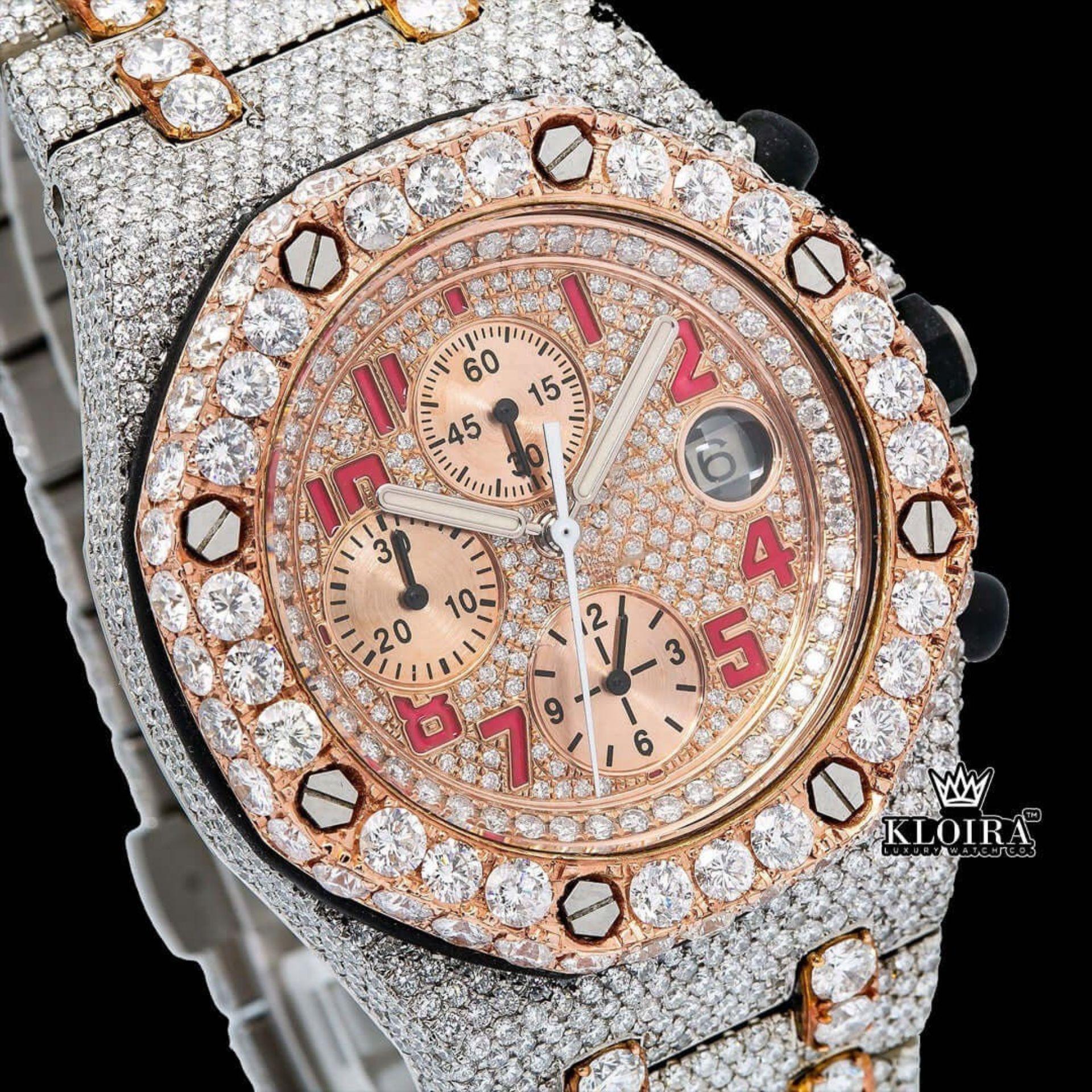 Two Tone Red Numerals Chronograph Iced Out Moissanite Diamond Watch Close Up Dial View