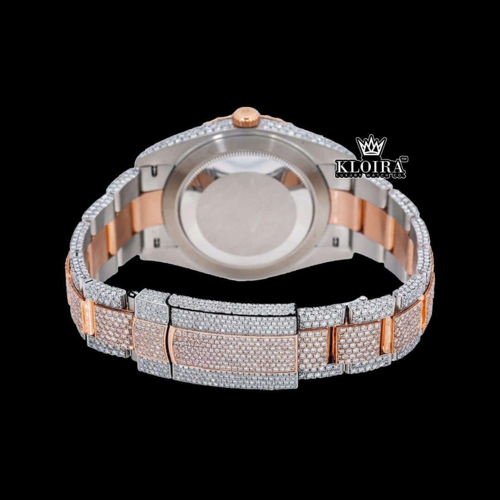 Two Tone Red Roman Numerals Dial Three Link Diamond Strap Moissanite Watch Caseback View