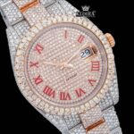 Two Tone Red Roman Numerals Dial Three Link Diamond Strap Moissanite Watch Close Up Dial View