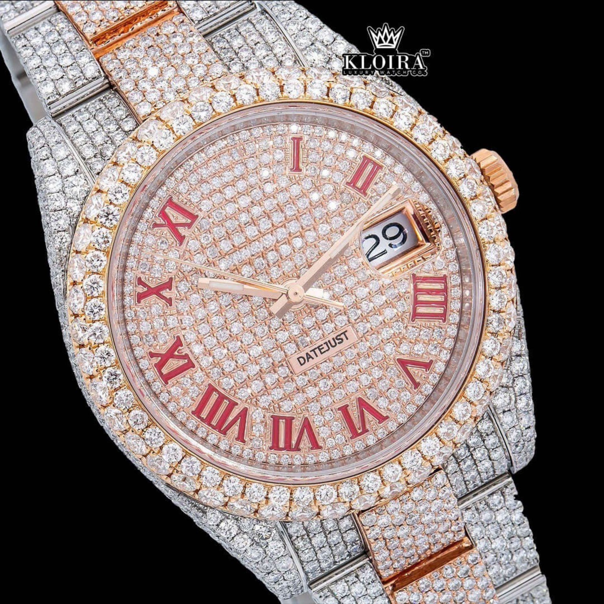 Two Tone Red Roman Numerals Dial Three Link Diamond Strap Moissanite Watch Close Up Dial View