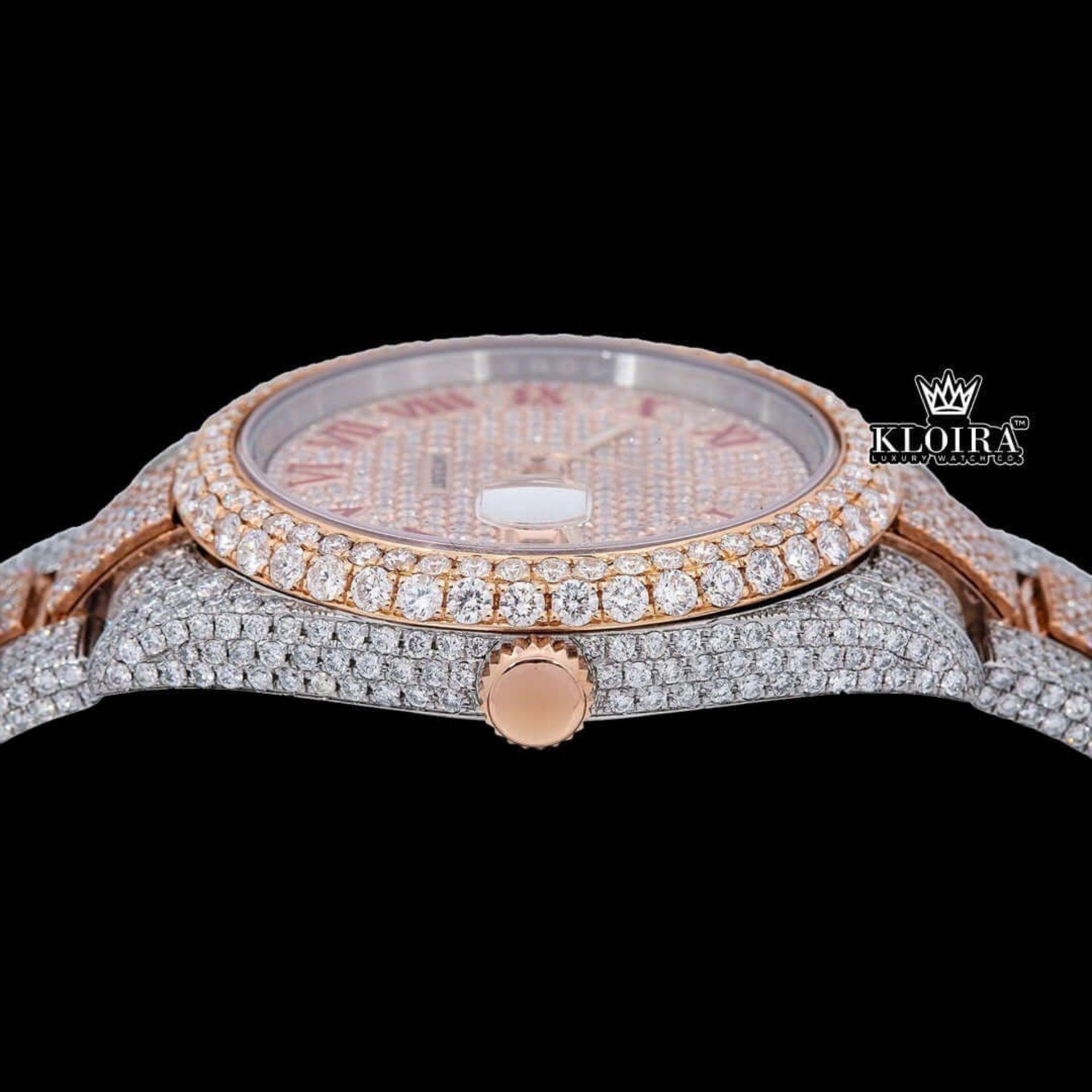 Two Tone Red Roman Numerals Dial Three Link Diamond Strap Moissanite Watch Crown View