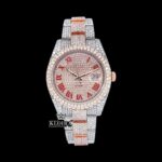 Two Tone Red Roman Numerals Dial Three Link Diamond Strap Moissanite Watch