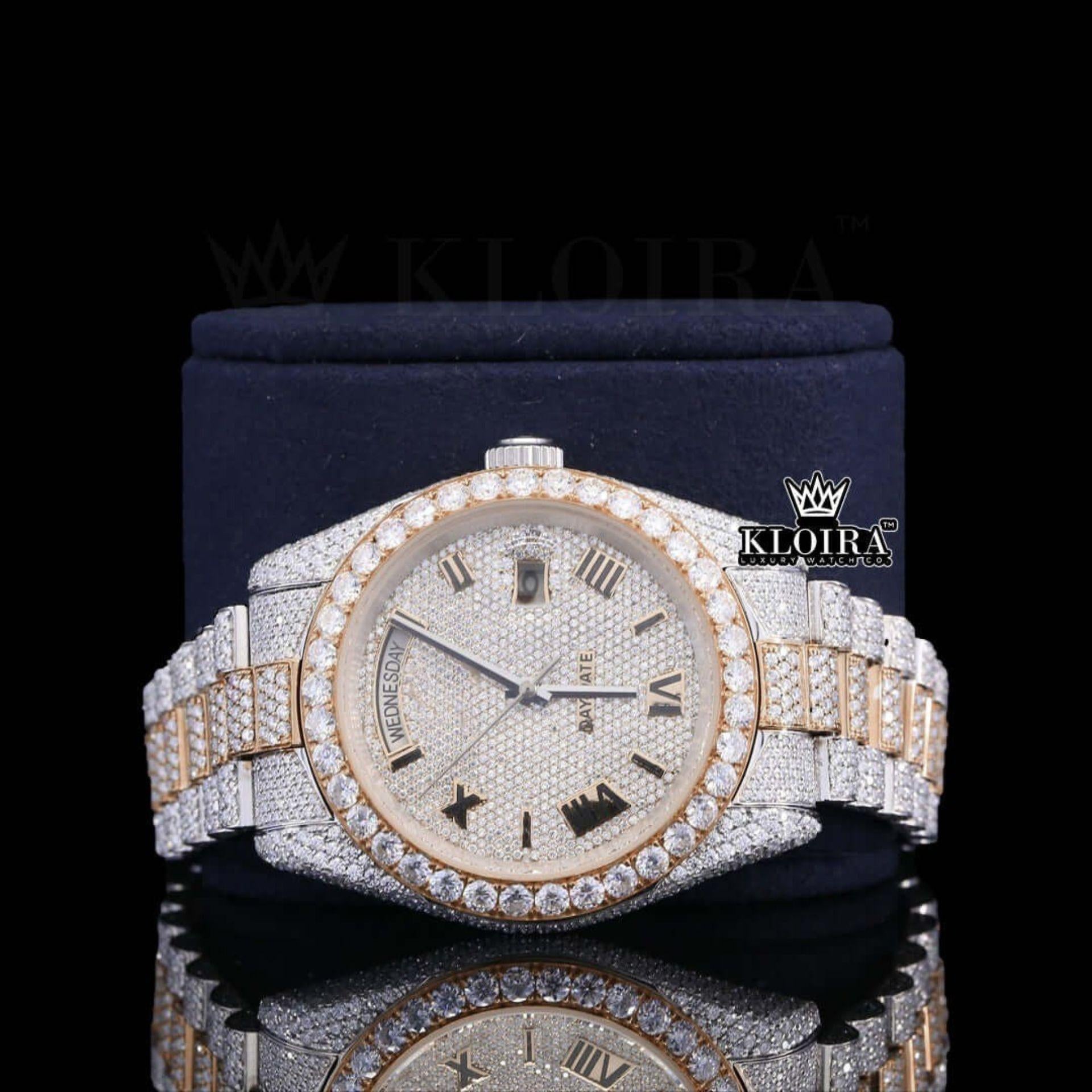 Two Tone Roman Dial Diamond Bezel Fully Iced Out Moissanite Watch Close Up Front View