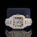 Two Tone Roman Numerals Rose Gold Moissanite Diamond Watch Close Up Front View