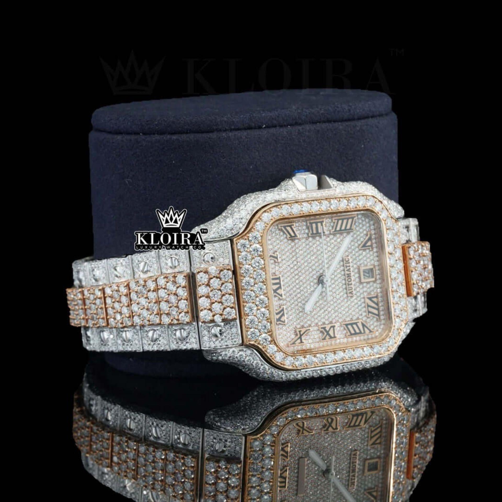 Two Tone Roman Numerals Rose Gold Moissanite Diamond Watch Right Profile View
