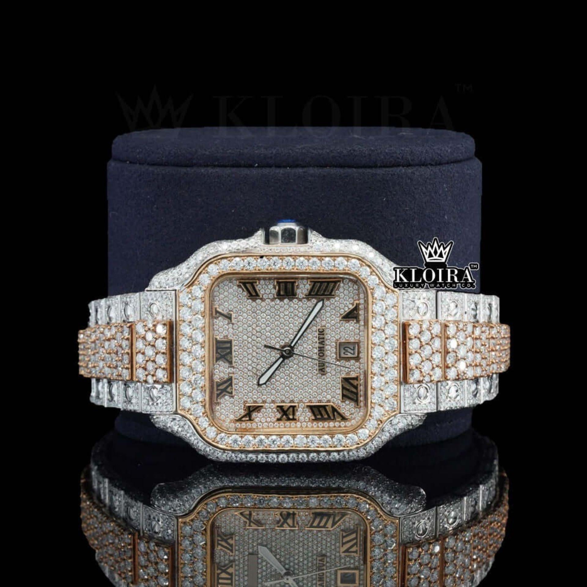 Two Tone Roman Numerals Yellow White Dial Moissanite Diamond Watch Close Up Dial View