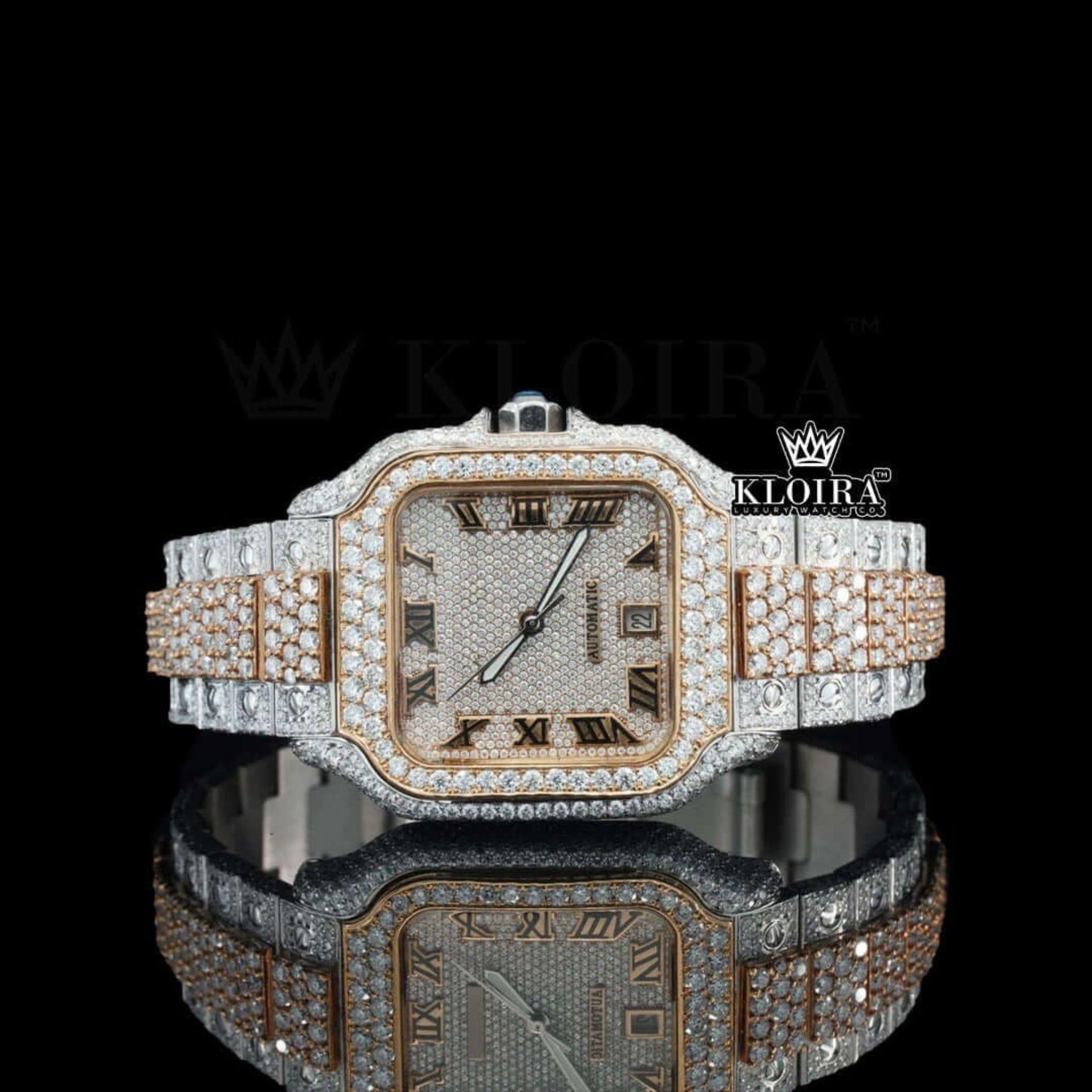 Two Tone Roman Numerals Yellow White Dial Moissanite Diamond Watch Front View