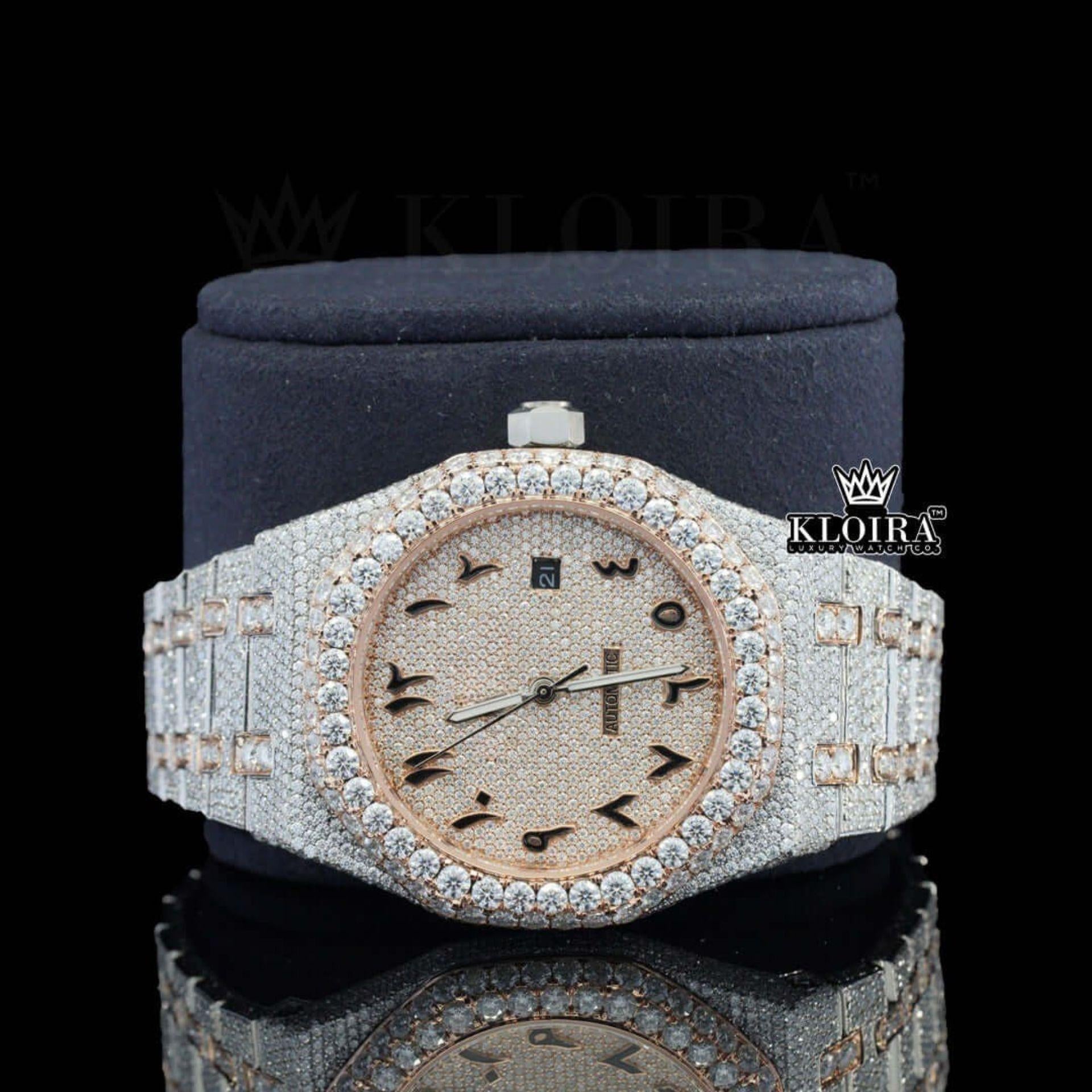 Two Tone Rose Gold Arabic Dial Iced Out Moissanite Diamond Watch Close Up Front View