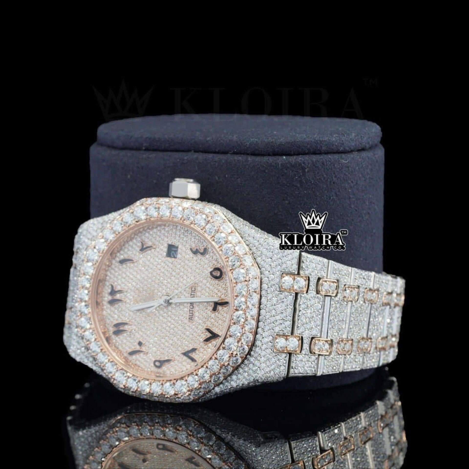 Two Tone Rose Gold Arabic Dial Iced Out Moissanite Diamond Watch Left Profile View