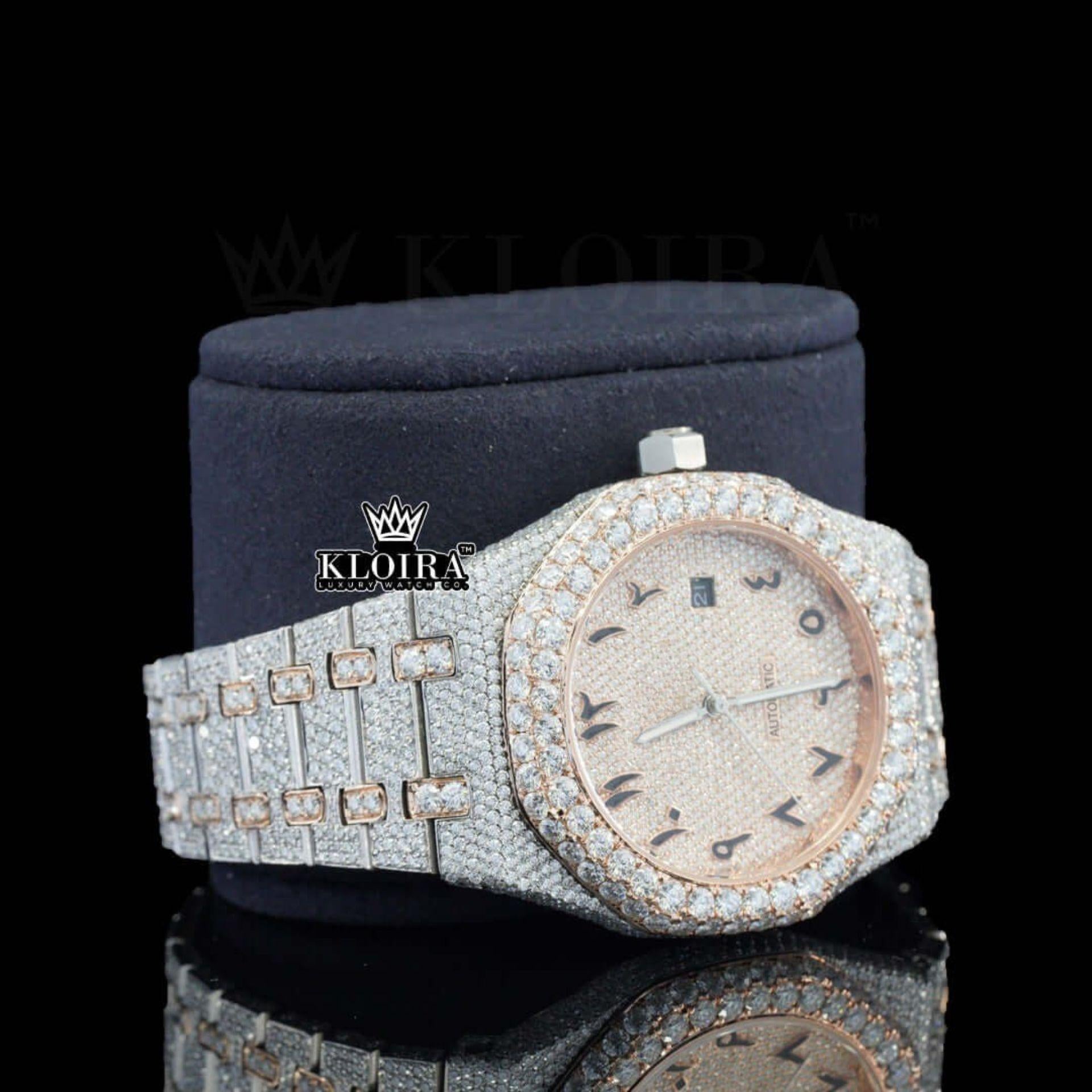 Two Tone Rose Gold Arabic Dial Iced Out Moissanite Diamond Watch Right Profile View