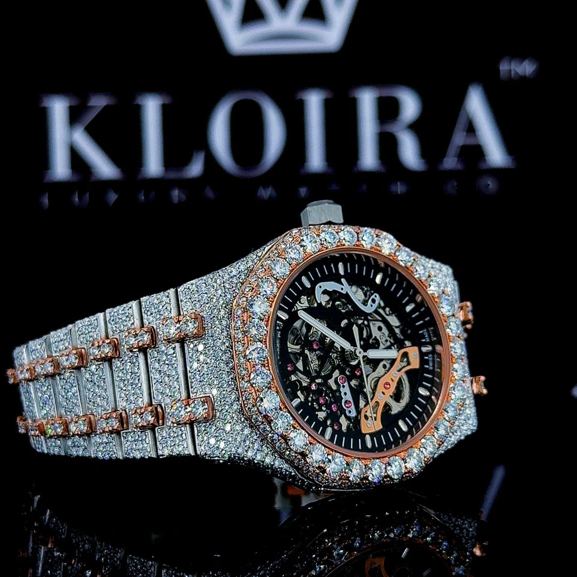 Two Tone Rose Gold Black Skeleton Dial Fully Iced Moissanite Watch Right Profile View