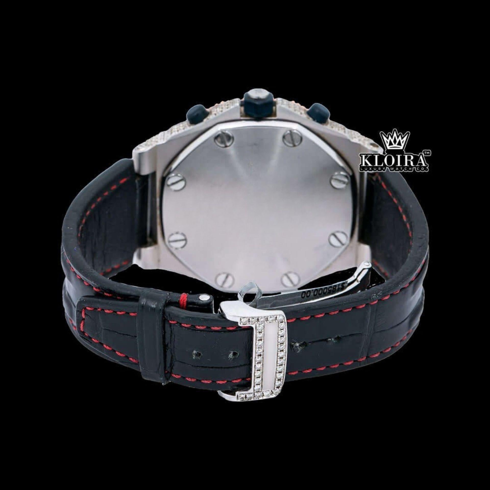 Two Tone Rose Gold Chronograph Dial Black Leather Strap Moissanite Watch Caseback View