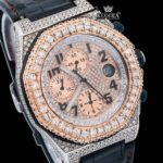 Two Tone Rose Gold Chronograph Dial Black Leather Strap Moissanite Watch Close Up Dial View