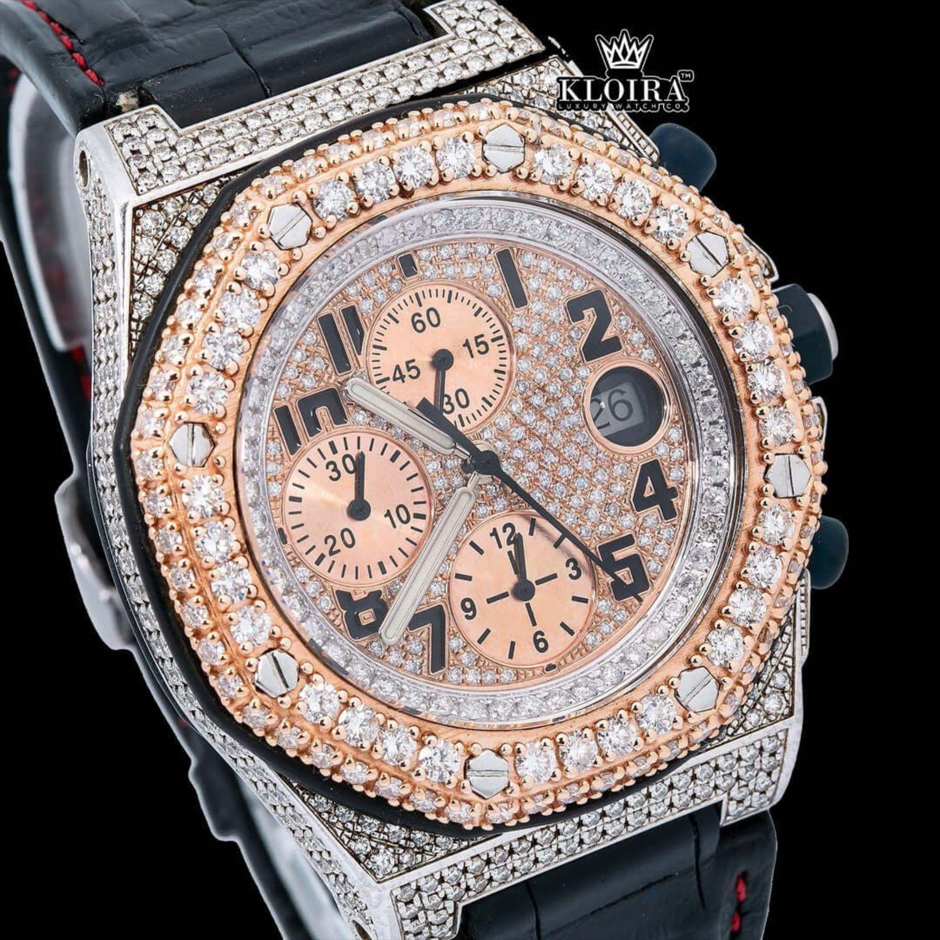 Two Tone Rose Gold Chronograph Dial Black Leather Strap Moissanite Watch Close Up Dial View