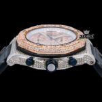 Two Tone Rose Gold Chronograph Dial Black Leather Strap Moissanite Watch Crown View