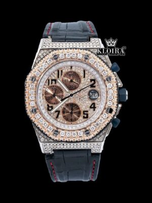 Two Tone Rose Gold Chronograph Dial Black Leather Strap Moissanite Watch