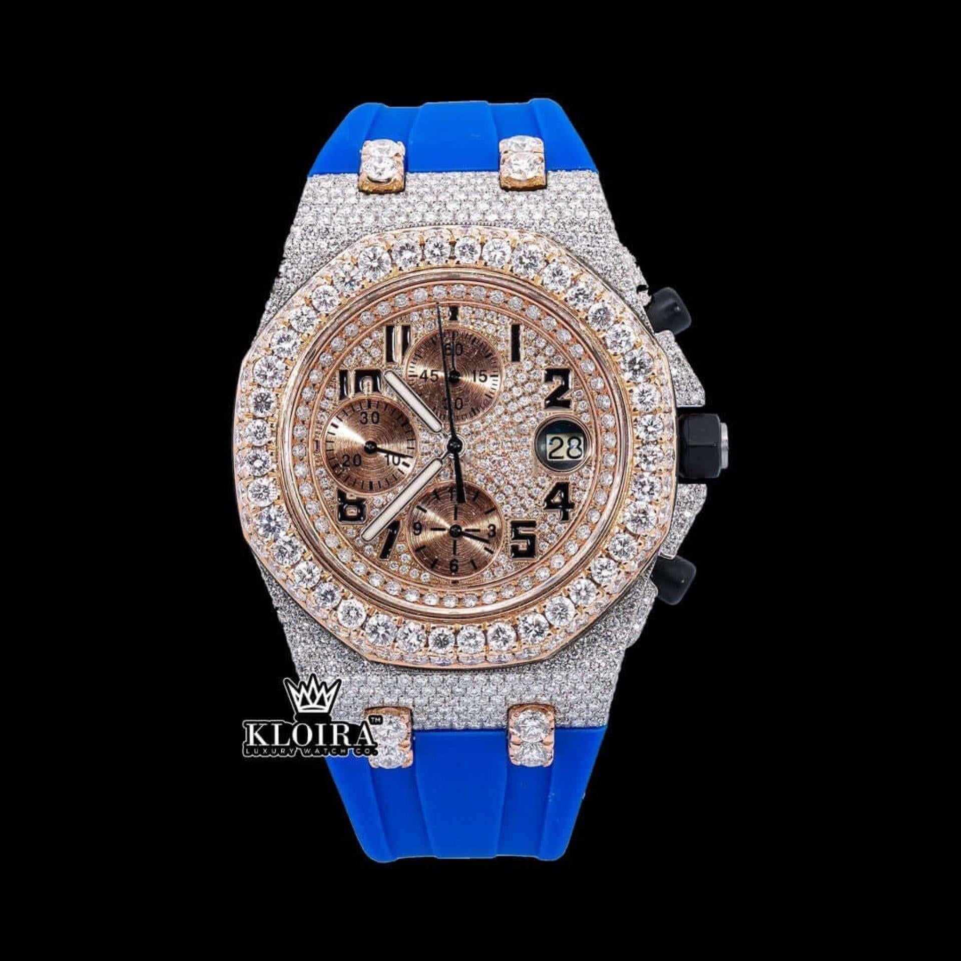 Two Tone Rose Gold Chronograph Dial Blue Rubber Strap Moissanite Watch Front View