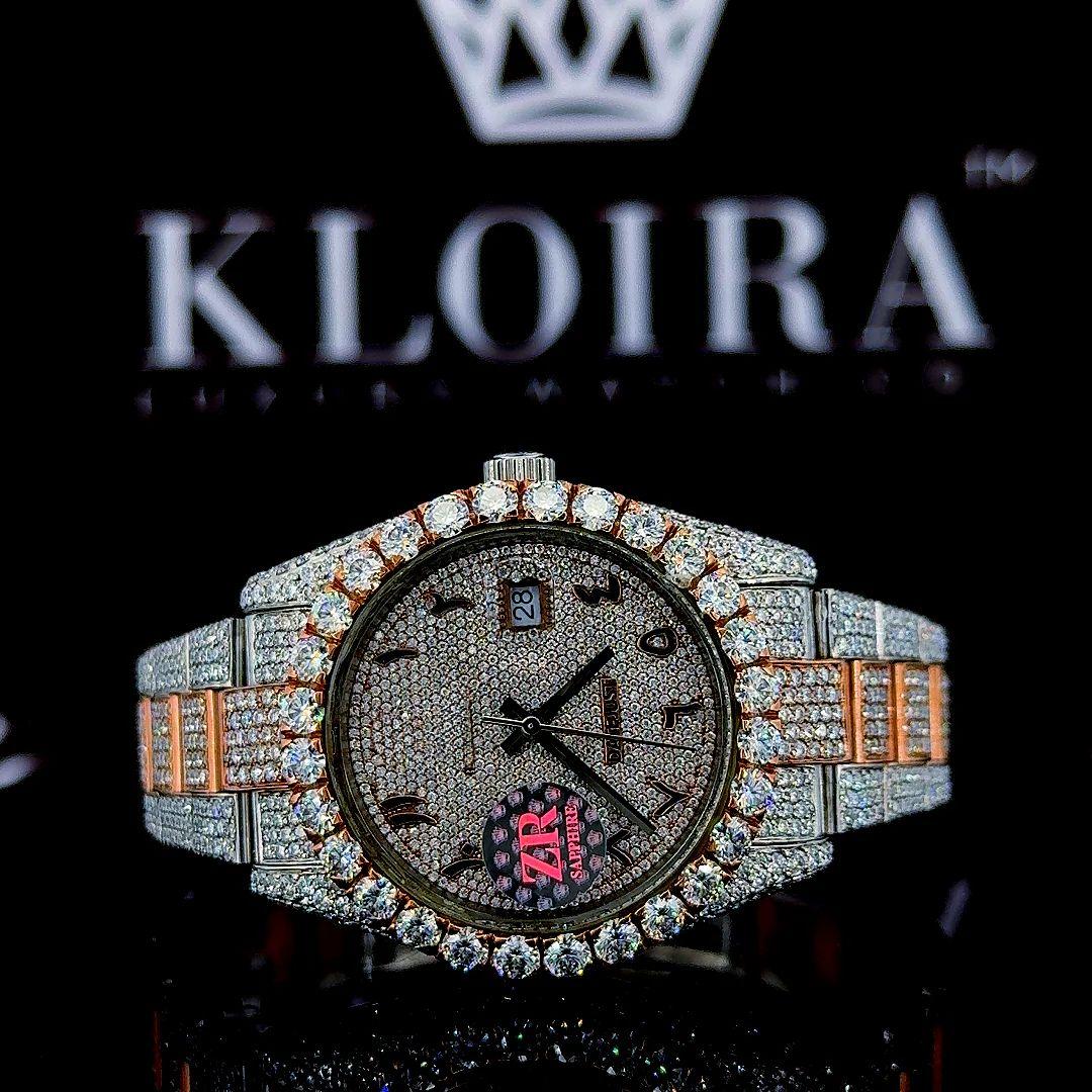 Two Tone Rose Gold Dial Arabic Numerals Bust Down Moissanite Watch Front View
