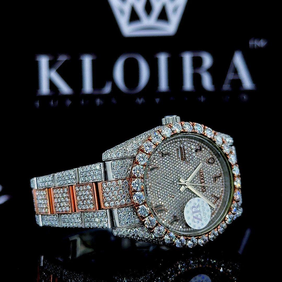 Two Tone Rose Gold Dial Arabic Numerals Bust Down Moissanite Watch Right Strap View