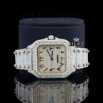 Two Tone Rose Gold Dial Arabic Numerals Moissanite Diamond Watch Close Up Front View