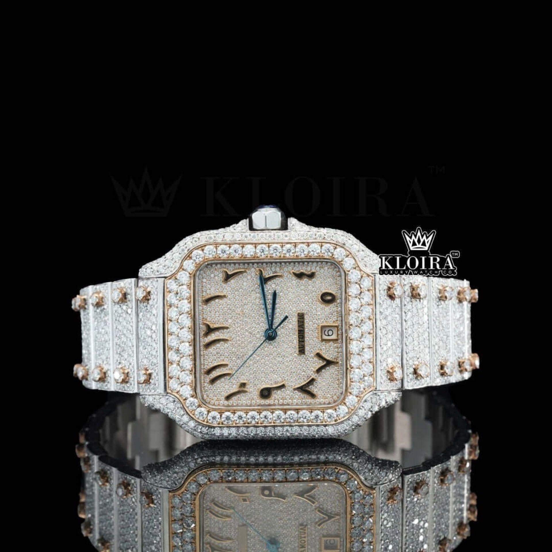 Two Tone Rose Gold Dial Arabic Numerals Moissanite Diamond Watch Front View