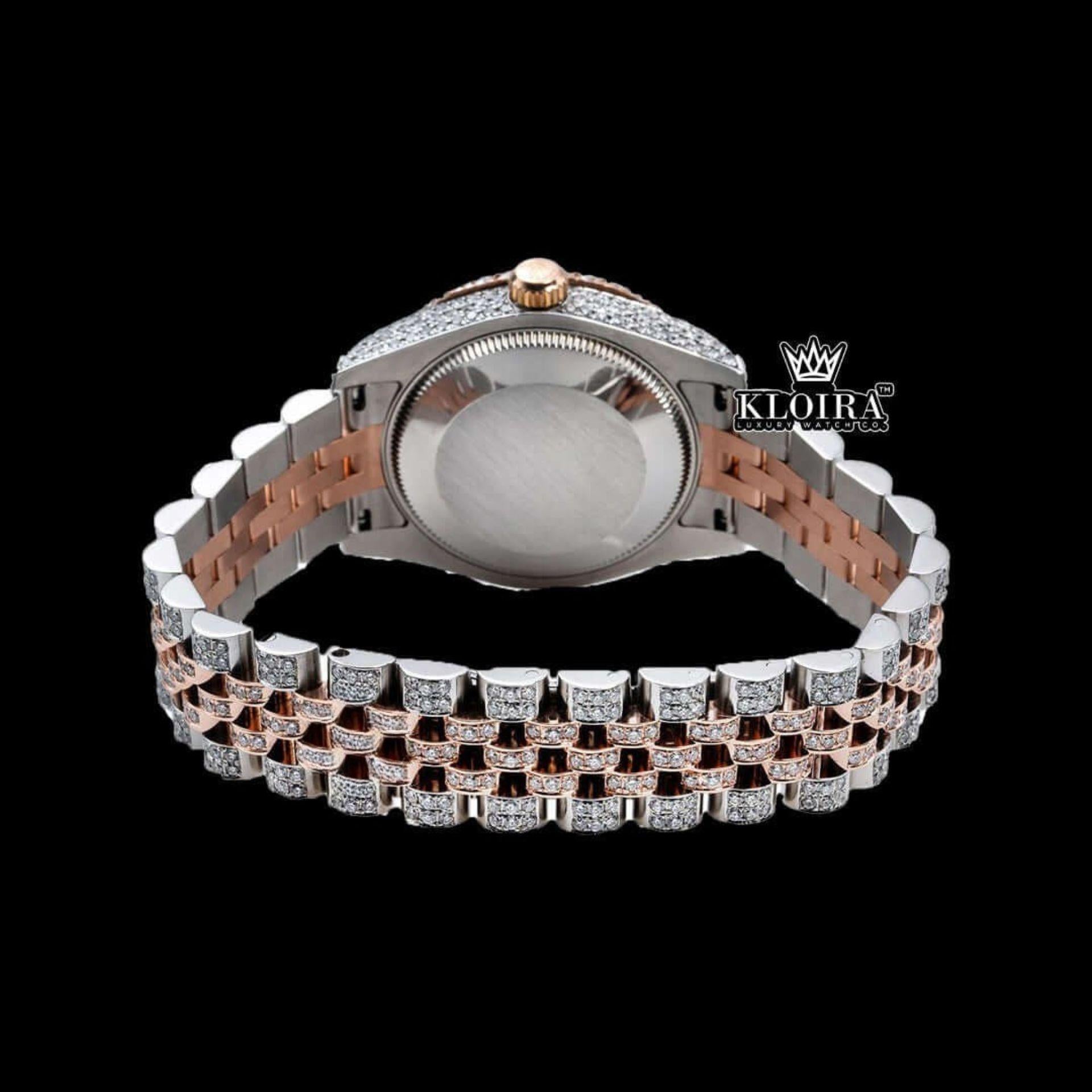 Two Tone Rose Gold Dial Blue Arabic Numerals Moissanite Diamond Watch Caseback View