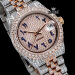 Two Tone Rose Gold Dial Blue Arabic Numerals Moissanite Diamond Watch Close Up Dial View