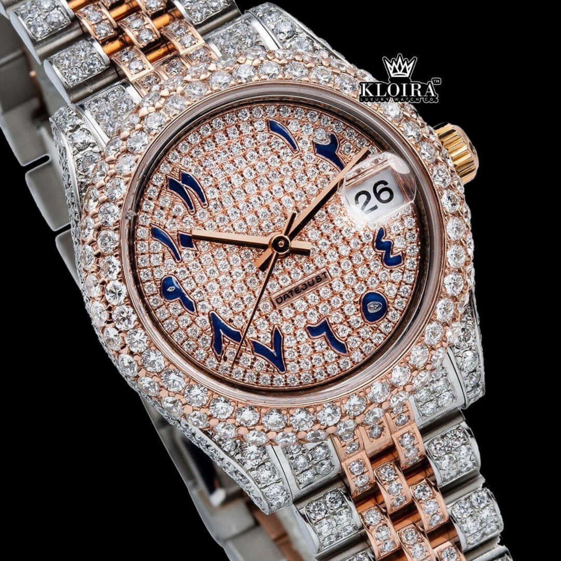 Two Tone Rose Gold Dial Blue Arabic Numerals Moissanite Diamond Watch Close Up Dial View