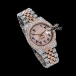 Two Tone Rose Gold Dial Blue Arabic Numerals Moissanite Diamond Watch Close Up Front View