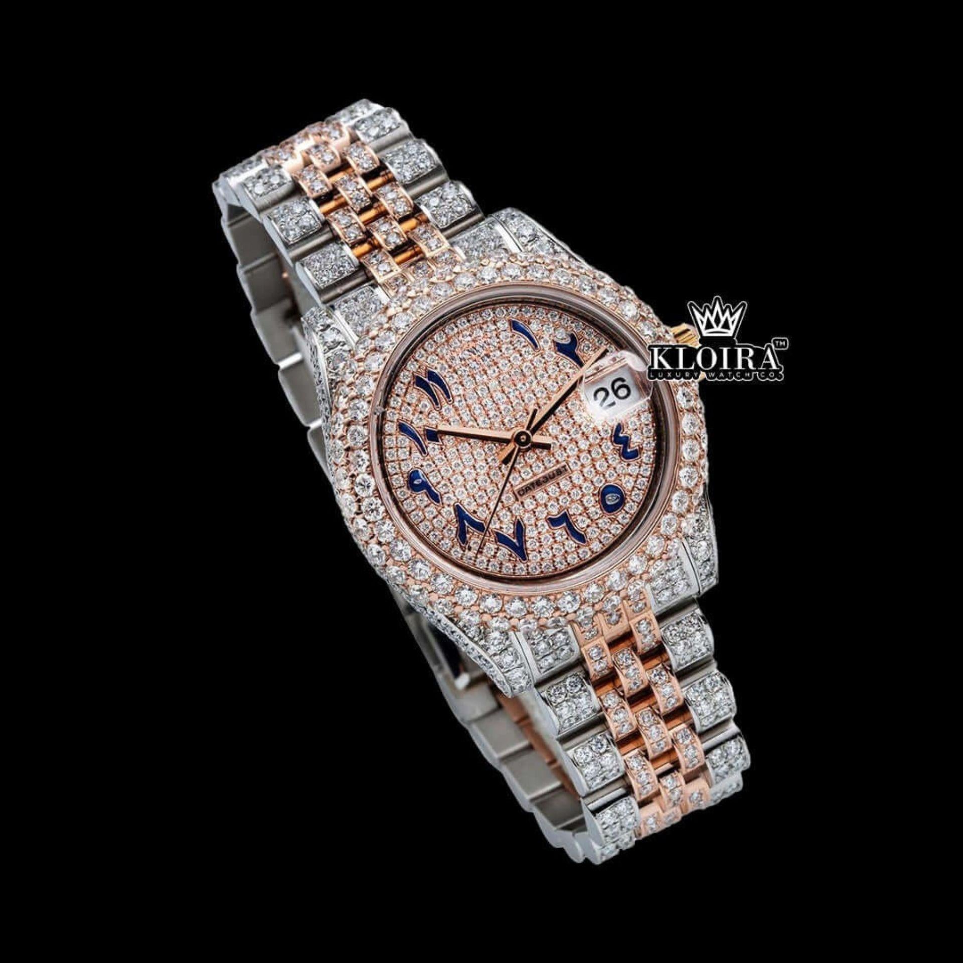 Two Tone Rose Gold Dial Blue Arabic Numerals Moissanite Diamond Watch Close Up Front View