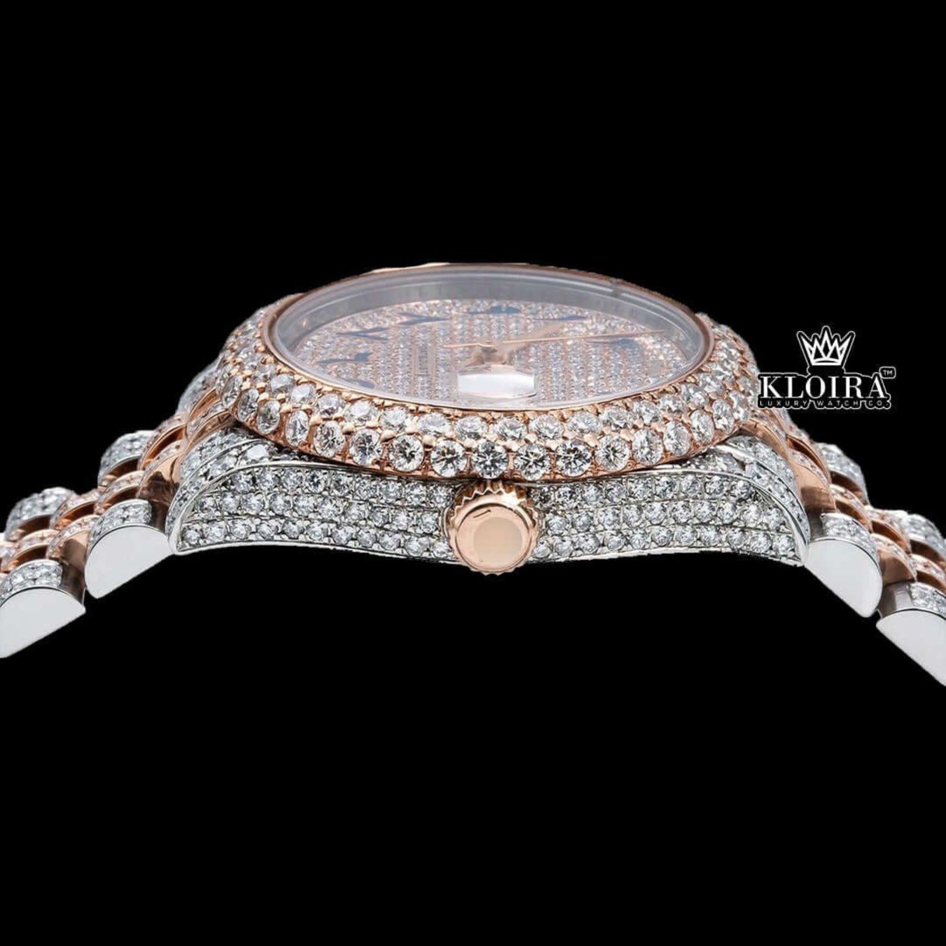 Two Tone Rose Gold Dial Blue Arabic Numerals Moissanite Diamond Watch Crown View
