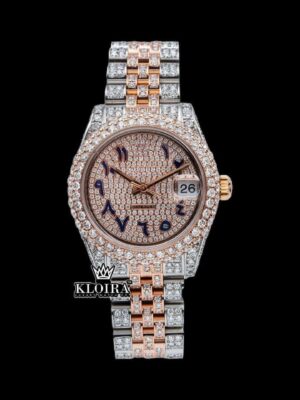 Two Tone Rose Gold Dial Blue Arabic Numerals Moissanite Diamond Watch