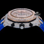 Two Tone Rose Gold Dial Chronograph Blue Rubber Strap Moissanite Watch Crown View