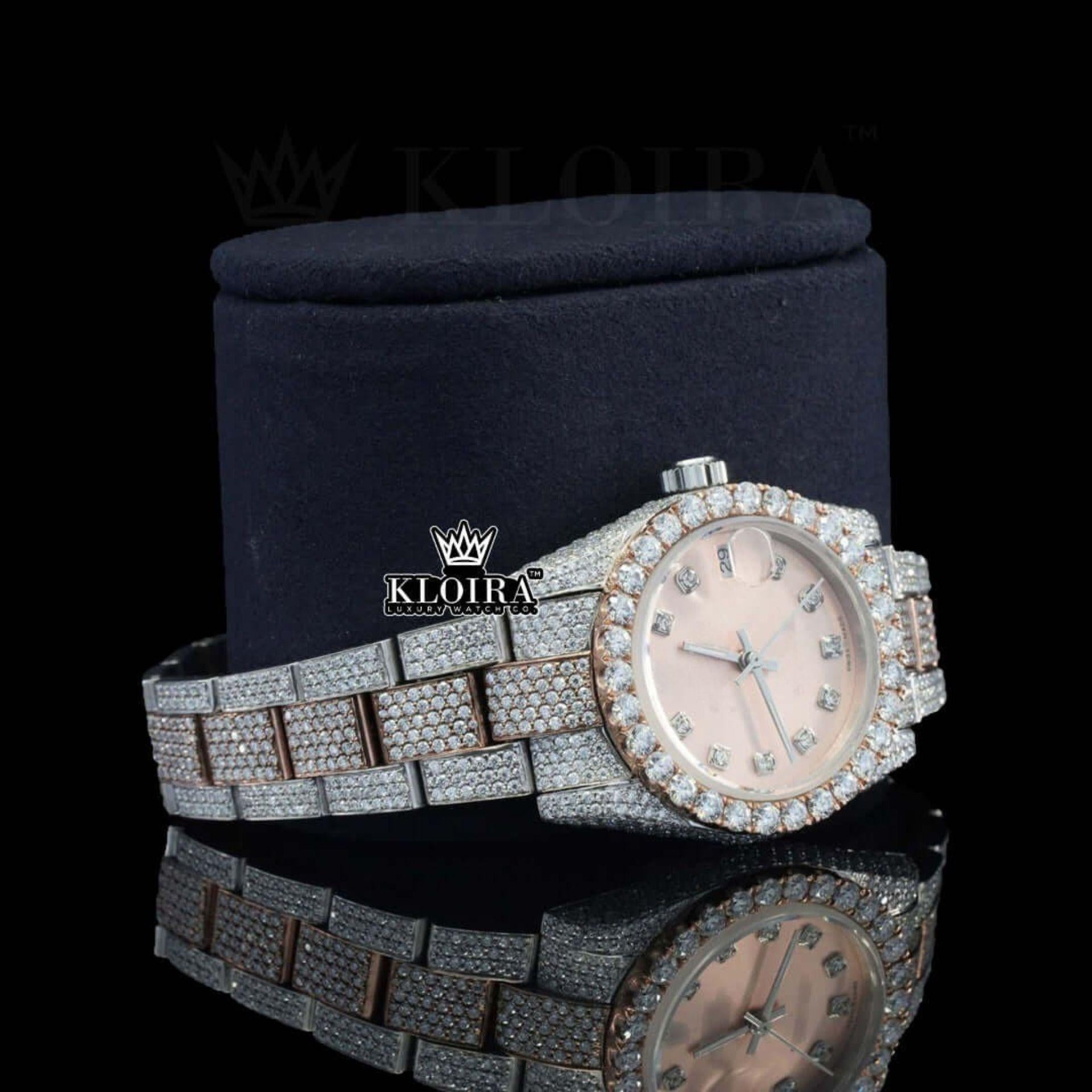 Two Tone Rose Gold Dial Diamond Bezel Fully Iced Out Moissanite Watch Right Profile View