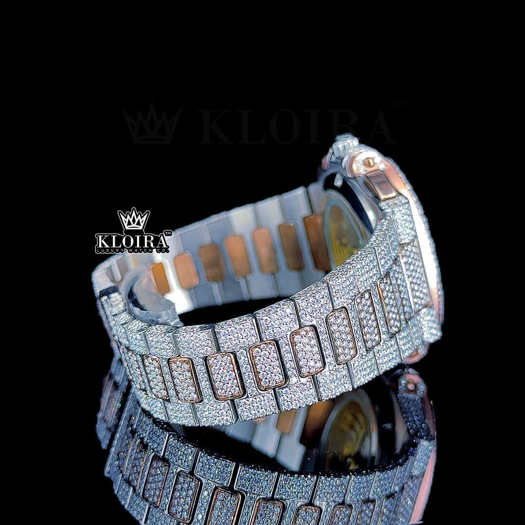 Two Tone Rose Gold Dial Fully Iced Out Moissanite Diamond Watch Bracelet View