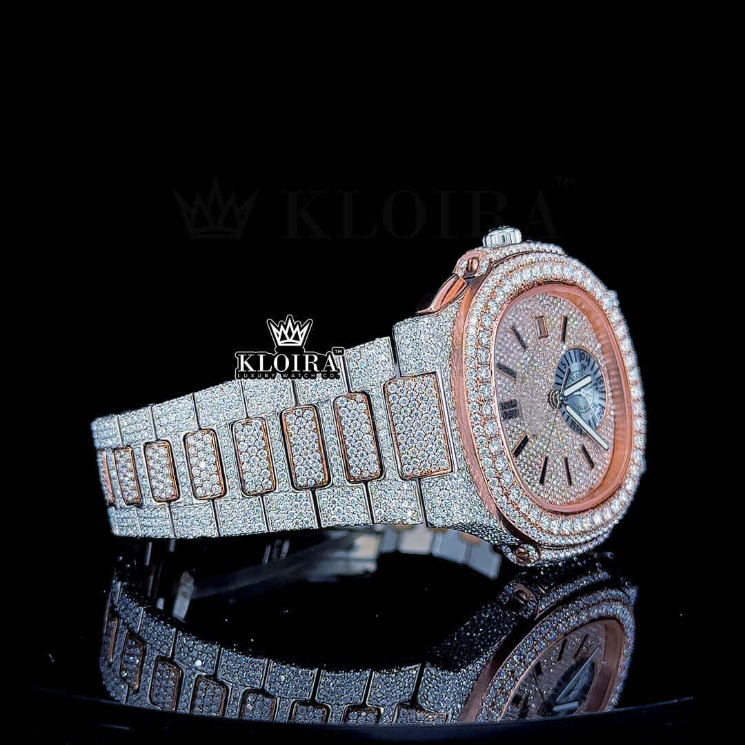 Two Tone Rose Gold Dial Fully Iced Out Moissanite Diamond Watch Close Up Right Side View