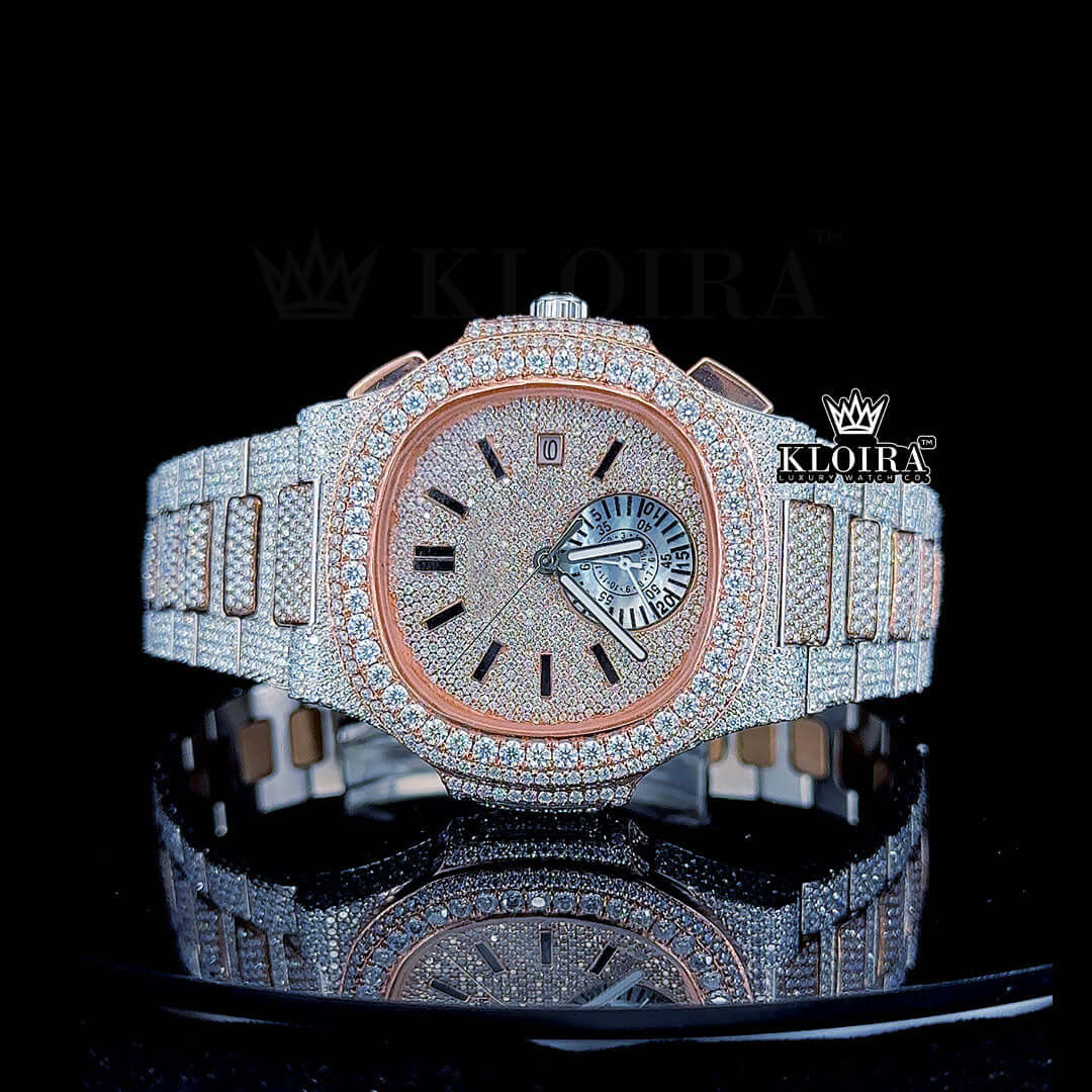 Two Tone Rose Gold Dial Fully Iced Out Moissanite Diamond Watch Front View