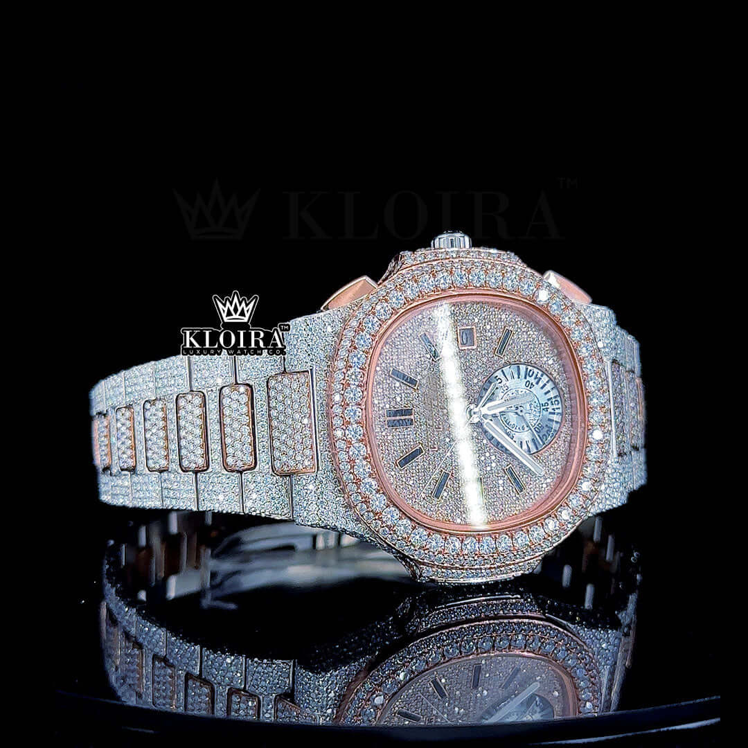 Two Tone Rose Gold Dial Fully Iced Out Moissanite Diamond Watch Right Profile View
