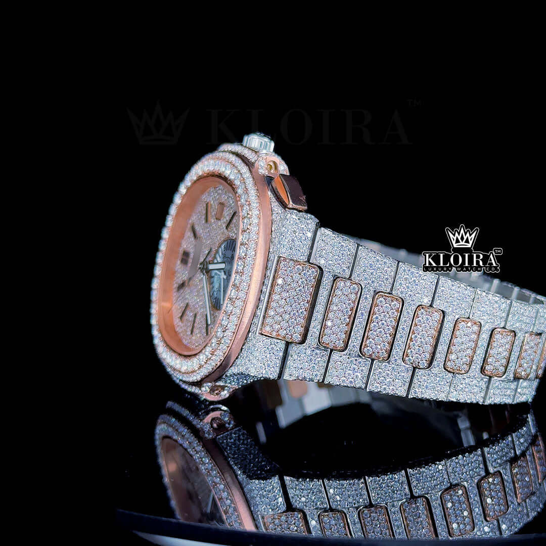 Two Tone Rose Gold Dial Fully Iced Out Moissanite Diamond Watch Right Side View