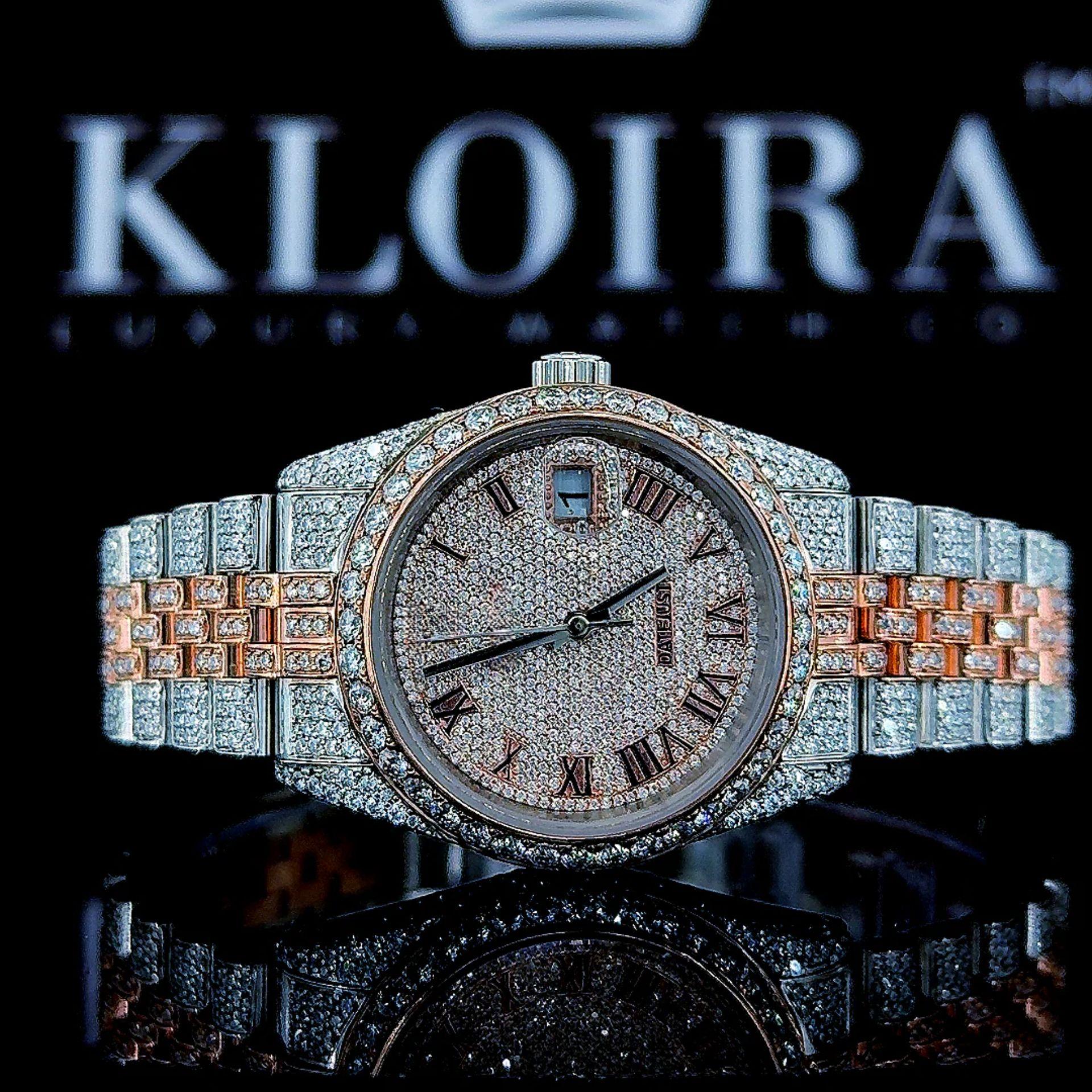 Two Tone Rose Gold Dial Fully Iced Out Roman Numerals Moissanite Watch Front Close View