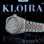 Two Tone Rose Gold Dial Fully Iced Out Roman Numerals Moissanite Watch Right Strap View