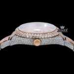 Two Tone Rose Gold Dial Red Arabic Numerals Full Moissanite Diamond Watch Crown View