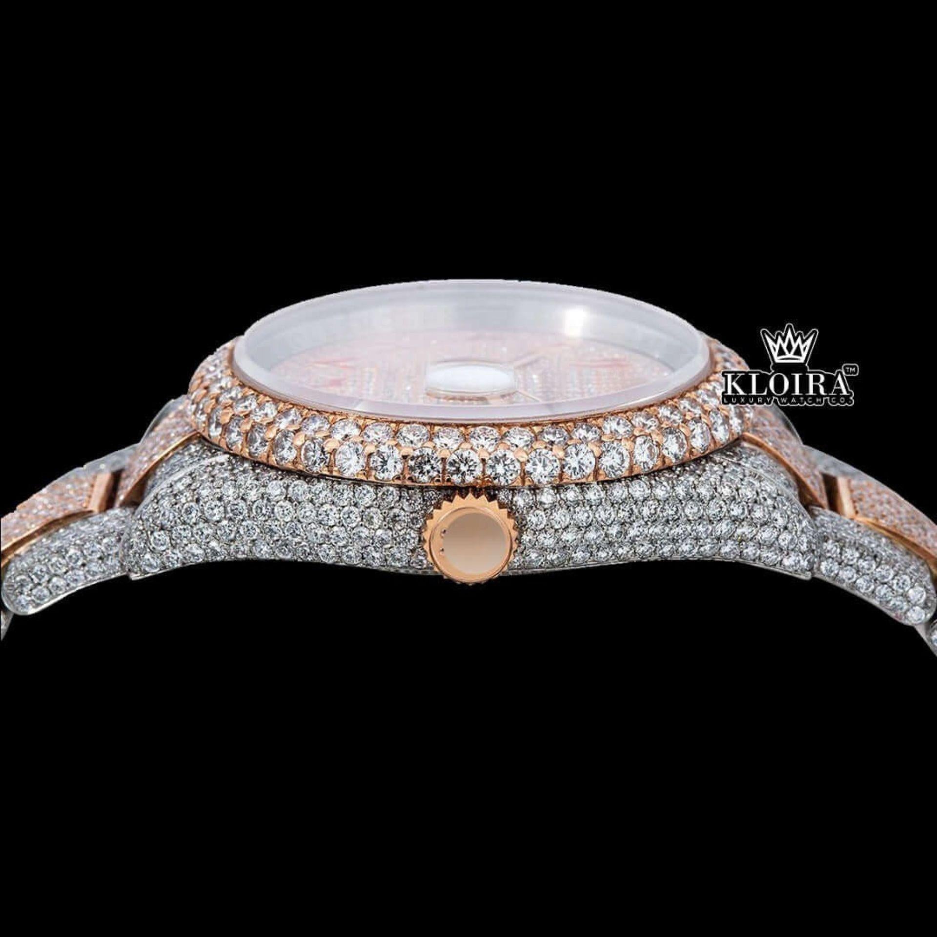 Two Tone Rose Gold Dial Red Arabic Numerals Full Moissanite Diamond Watch Crown View