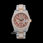 Two Tone Rose Gold Dial Red Arabic Numerals Full Moissanite Diamond Watch