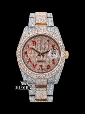 Two Tone Rose Gold Dial Red Arabic Numerals Full Moissanite Diamond Watch