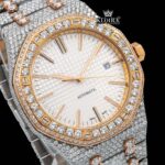 Two Tone Rose Gold Moissanite Diamond Watch Fully Iced Out Close Up Dial View